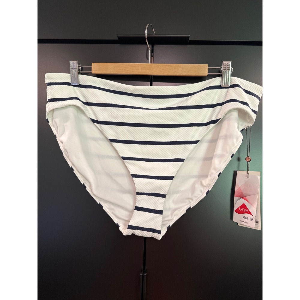 Calia Womens Core Mid Rise Bikini Bottom White Blue Stripe‎ Textured XXL